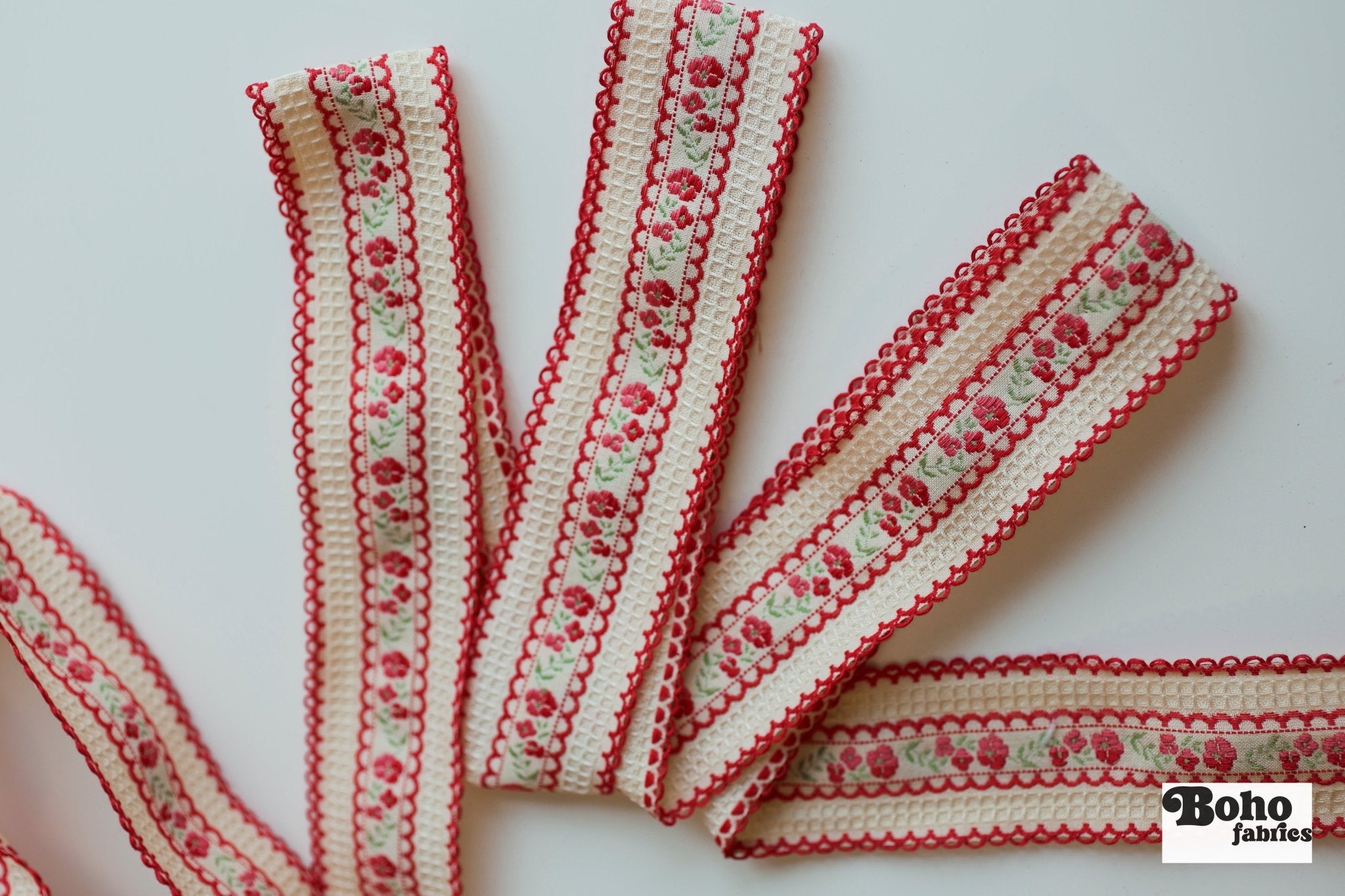Scalloped Red Roses. 1.5" Jacquard Woven Trim. TRIM - 023 - Boho Fabrics - Trims