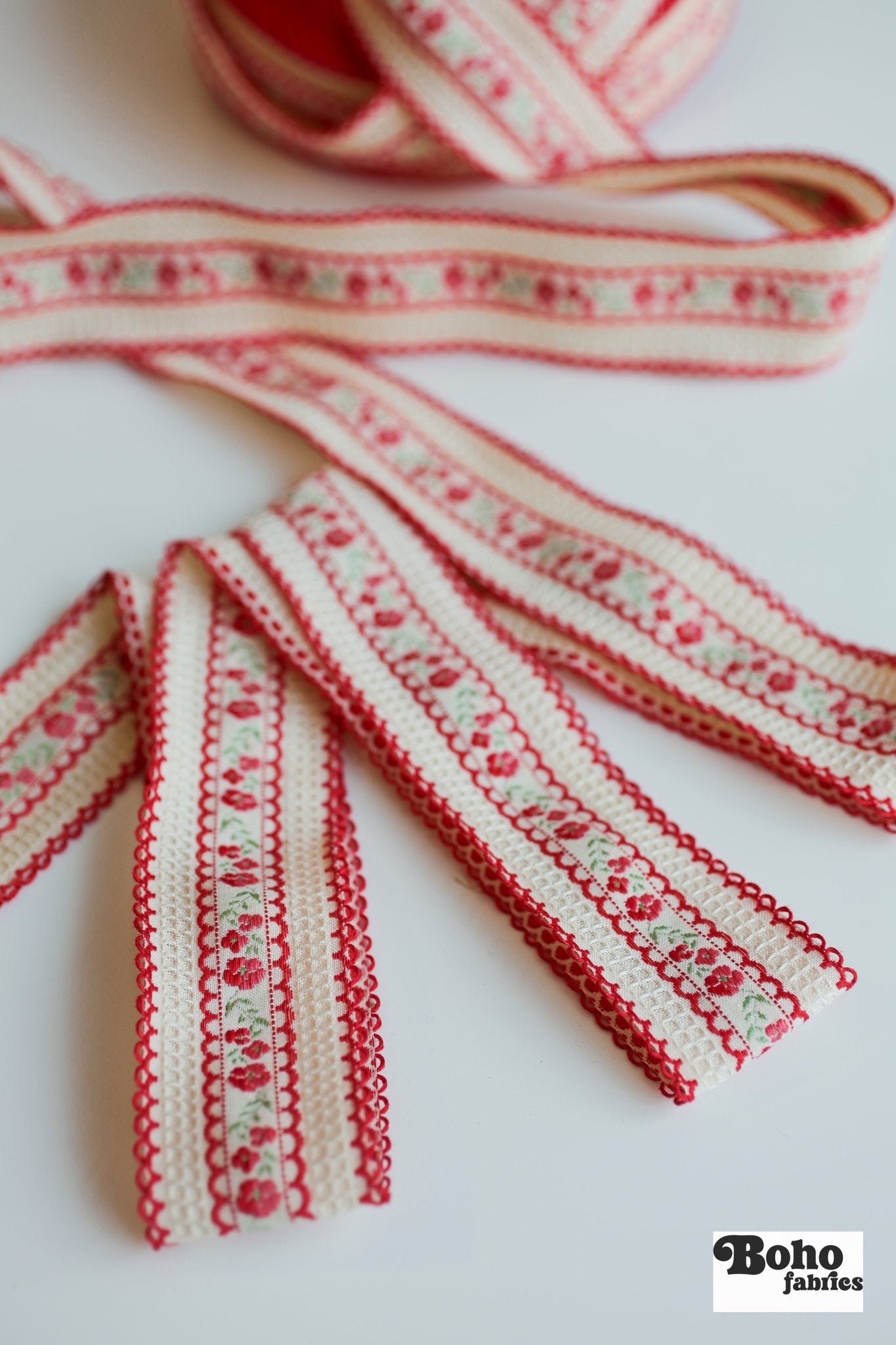 Scalloped Red Roses. 1.5" Jacquard Woven Trim. TRIM - 023 - Boho Fabrics - Trims