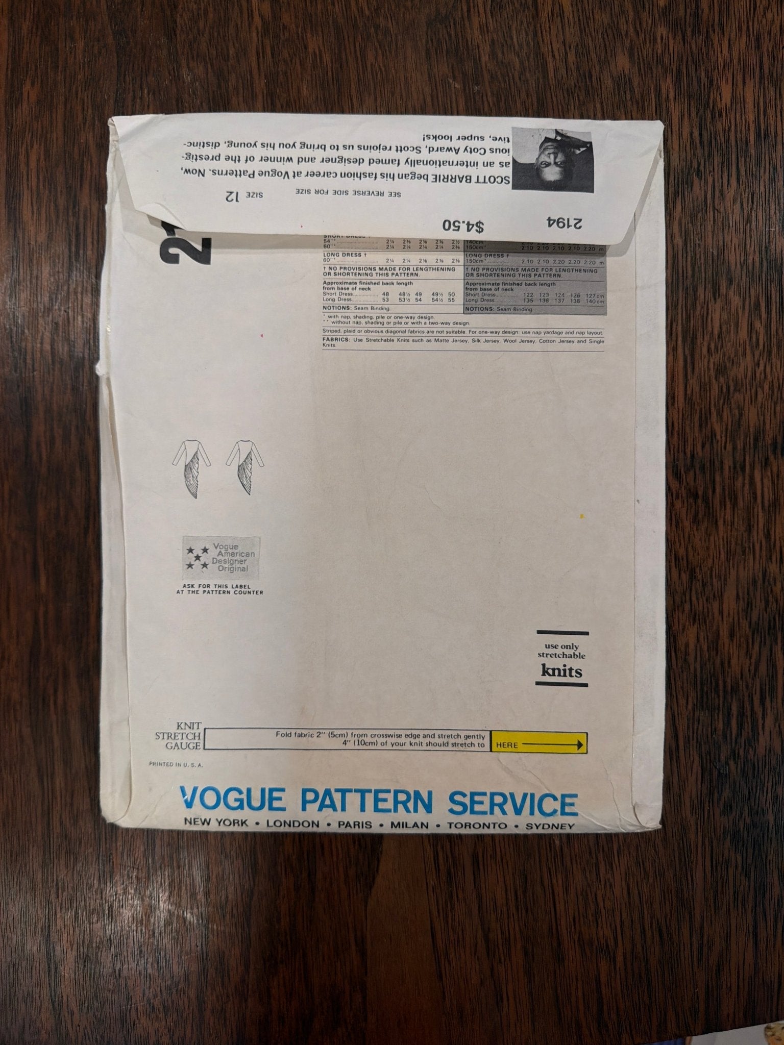 Scott Barrie | Vogue American Designer Sewing Pattern #2194 — Draped Knit Dress with Side Slit, Size 12, Vintage 1979 - Boho Fabrics - Sewing Patterns