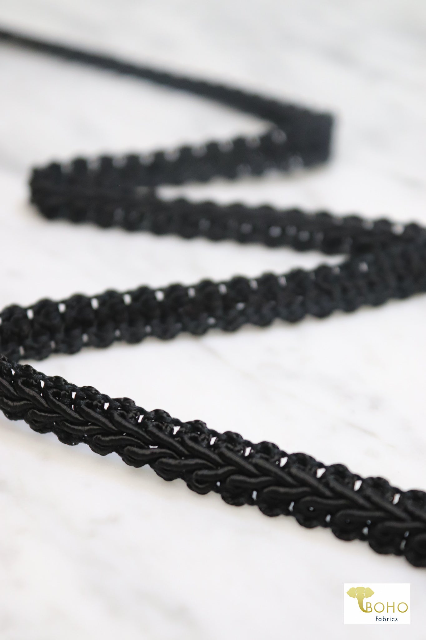 Sgt. Pepper, Black Braided, Woven Trim. 0.5" - Boho Fabrics