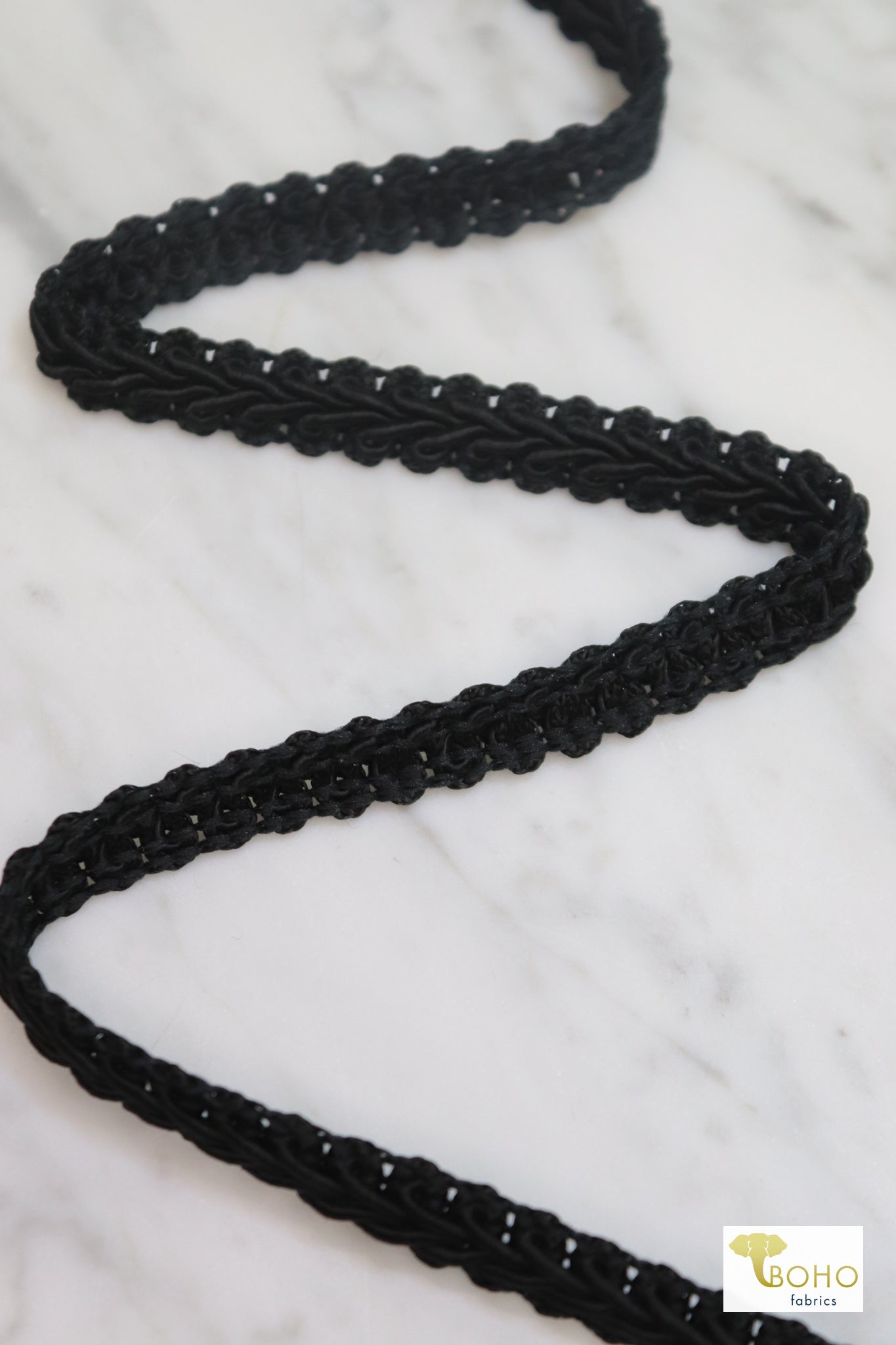 Sgt. Pepper, Black Braided, Woven Trim. 0.5" - Boho Fabrics