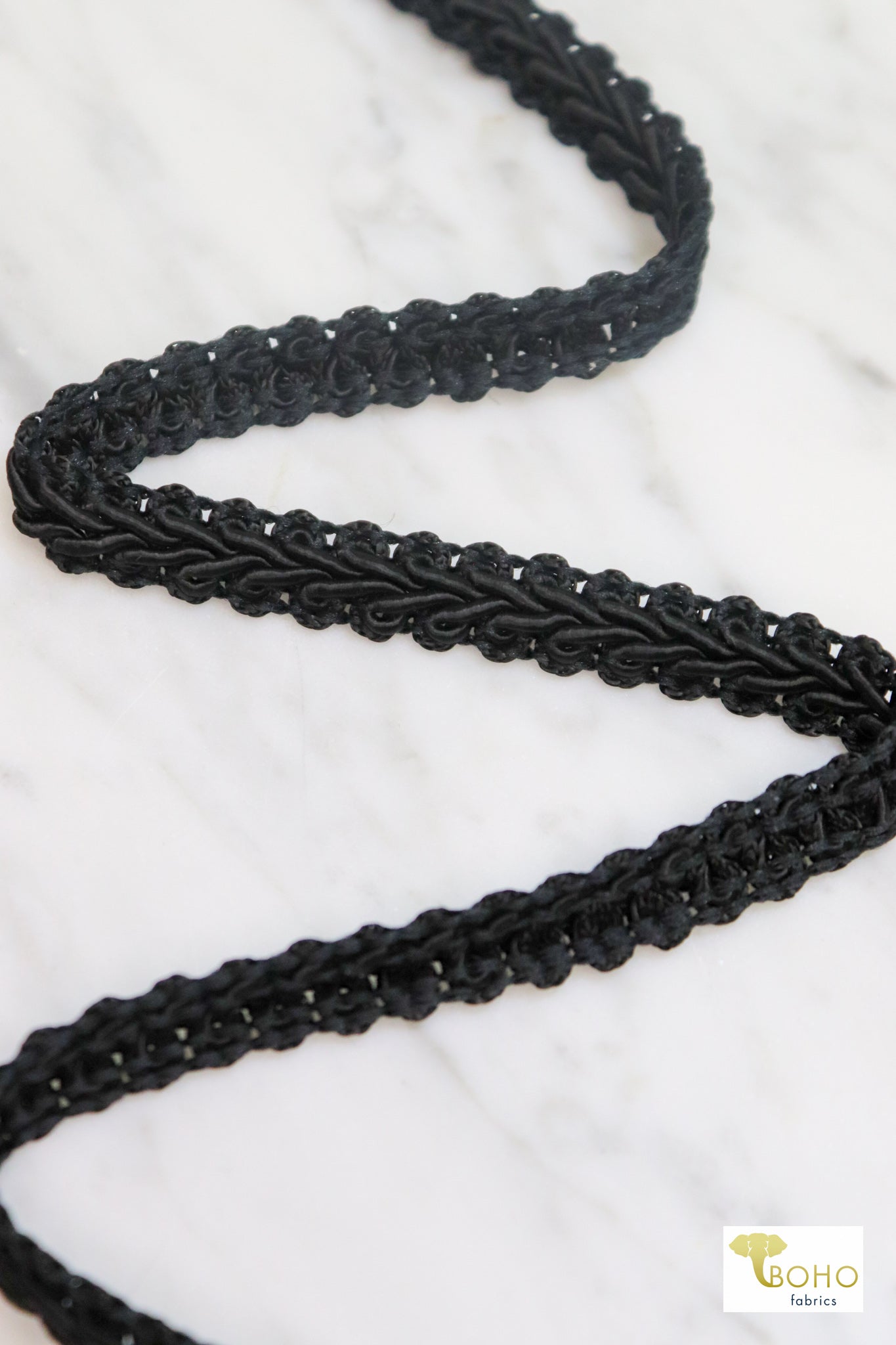 Sgt. Pepper, Black Braided, Woven Trim. 0.5" - Boho Fabrics