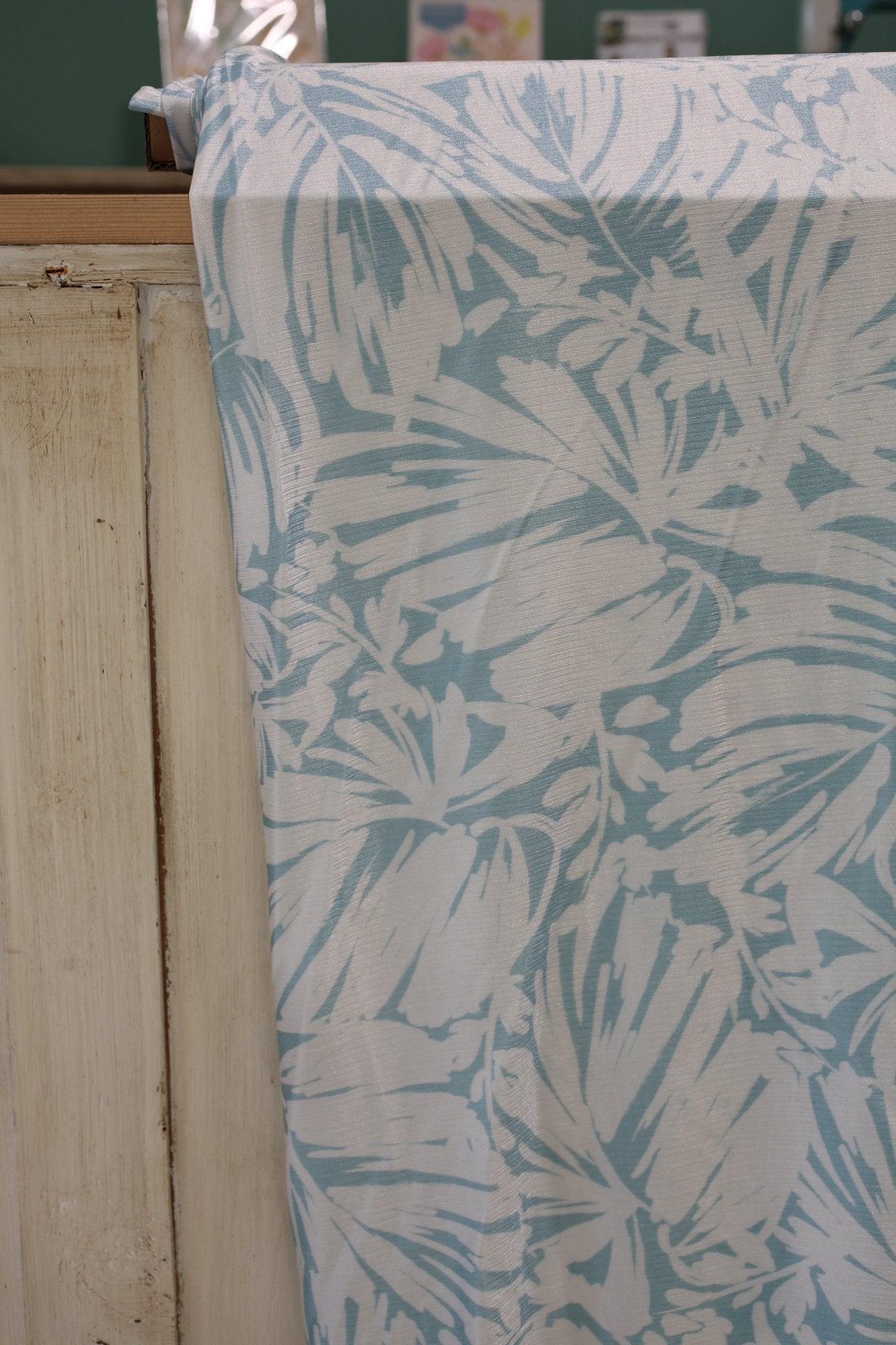 Shimmer Palms, Light Blue, Athletic Knit Fabric - Boho Fabrics - Special Occasion Fabric