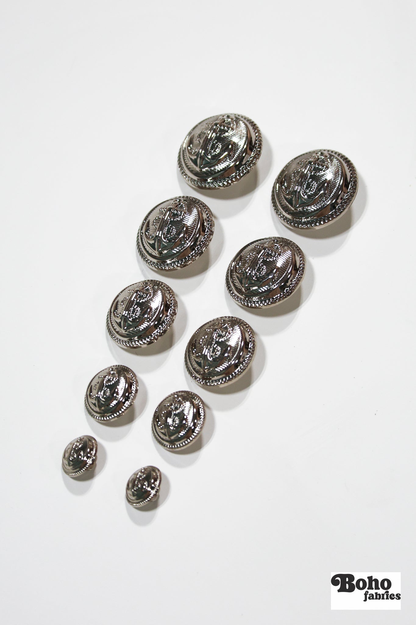 Silver Anchor Rope Trim Plastic Shank Buttons. 20L (12.5mm / 1/2"), 24L(15mm / 5/8"), 28L (18mm / 11/16"), 36L (23mm / 7/8"), 40L (25mm / 1"), 44L (28mm / 1 1/8") - Boho Fabrics - Buttons & Snaps