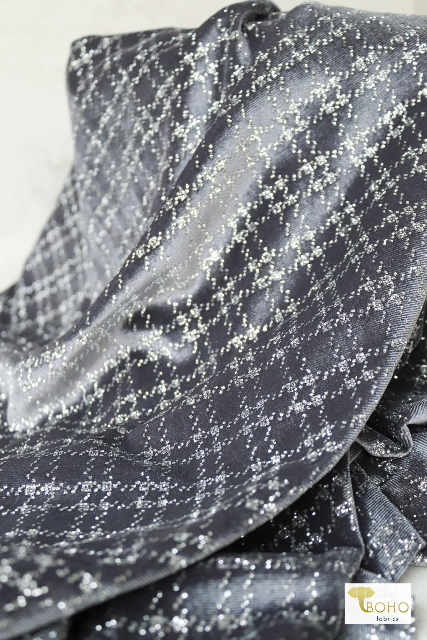 Silver Bells Plaid, Glitter Crushed Stretch Velvet - Boho Fabrics