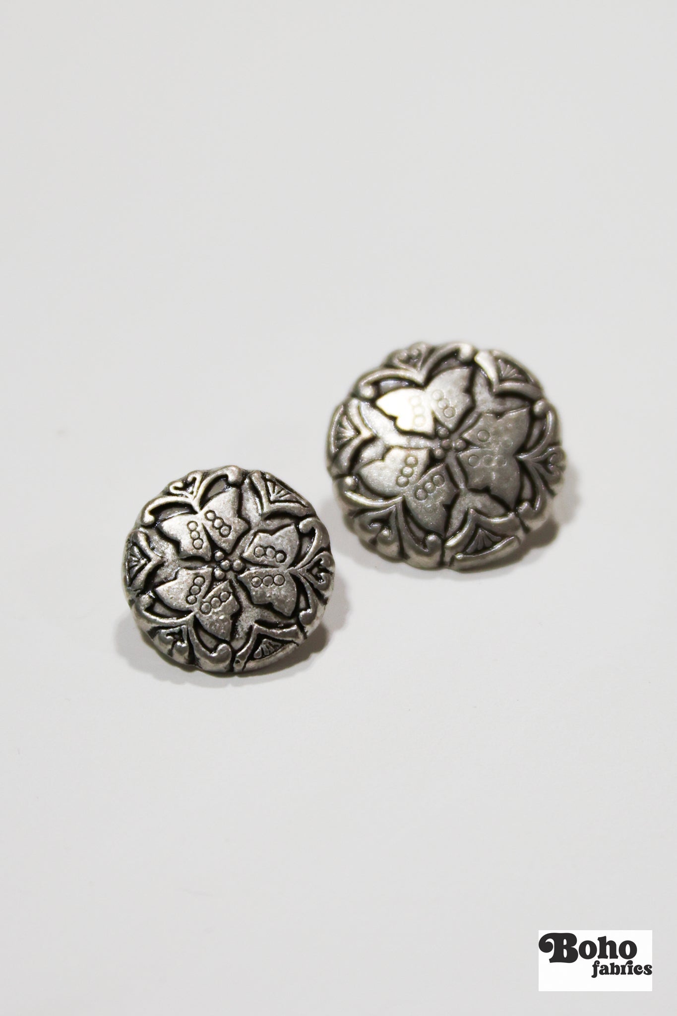 Silver Butterfly Trio Metal Shank Buttons. 24L (15mm / 5/8"), 28L (18mm / 11/16") - Boho Fabrics - Buttons & Snaps