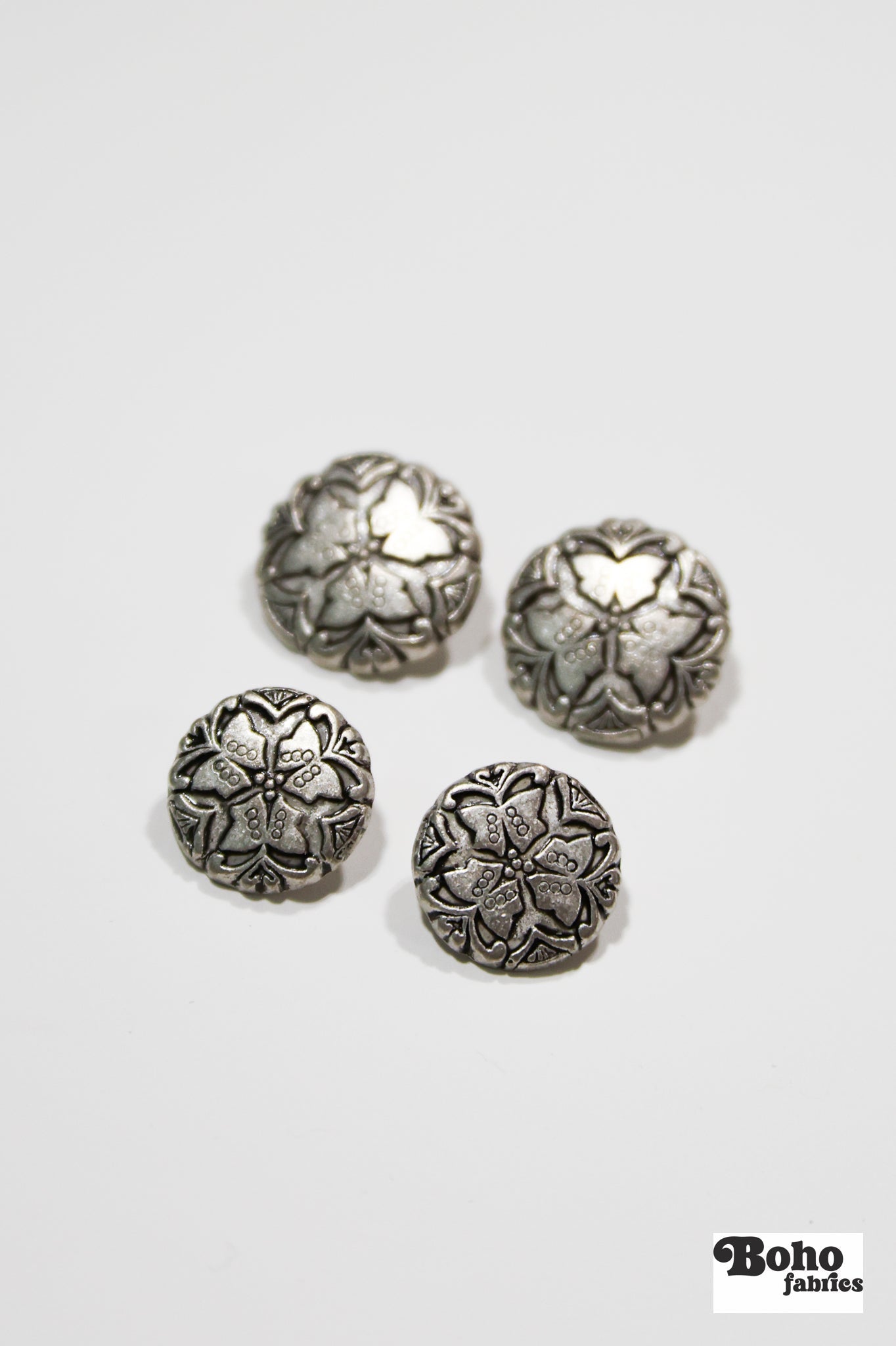 Silver Butterfly Trio Metal Shank Buttons. 24L (15mm / 5/8"), 28L (18mm / 11/16") - Boho Fabrics - Buttons & Snaps