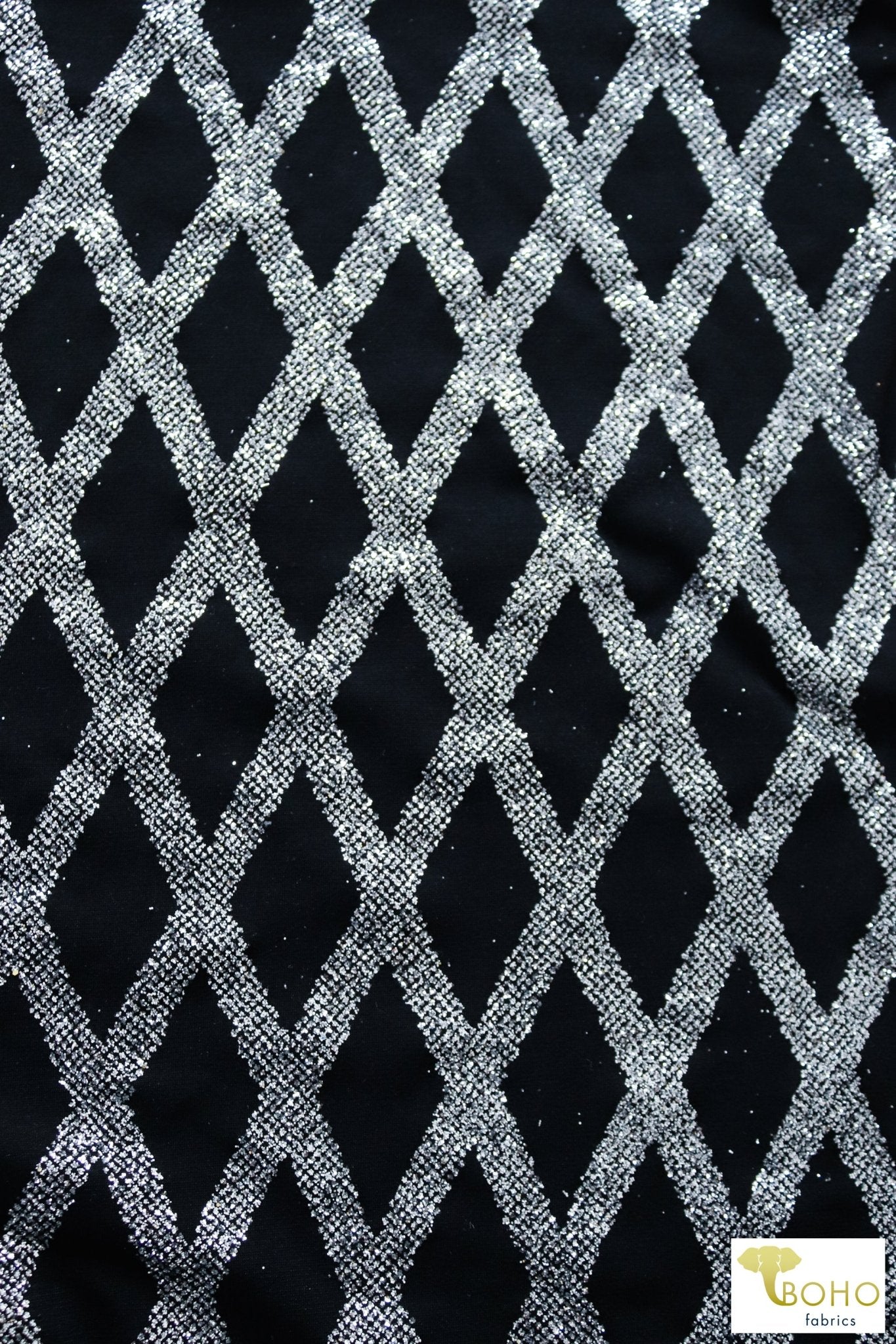 Silver Diamonds on Black. Glitter Novelty Knit - Boho Fabrics