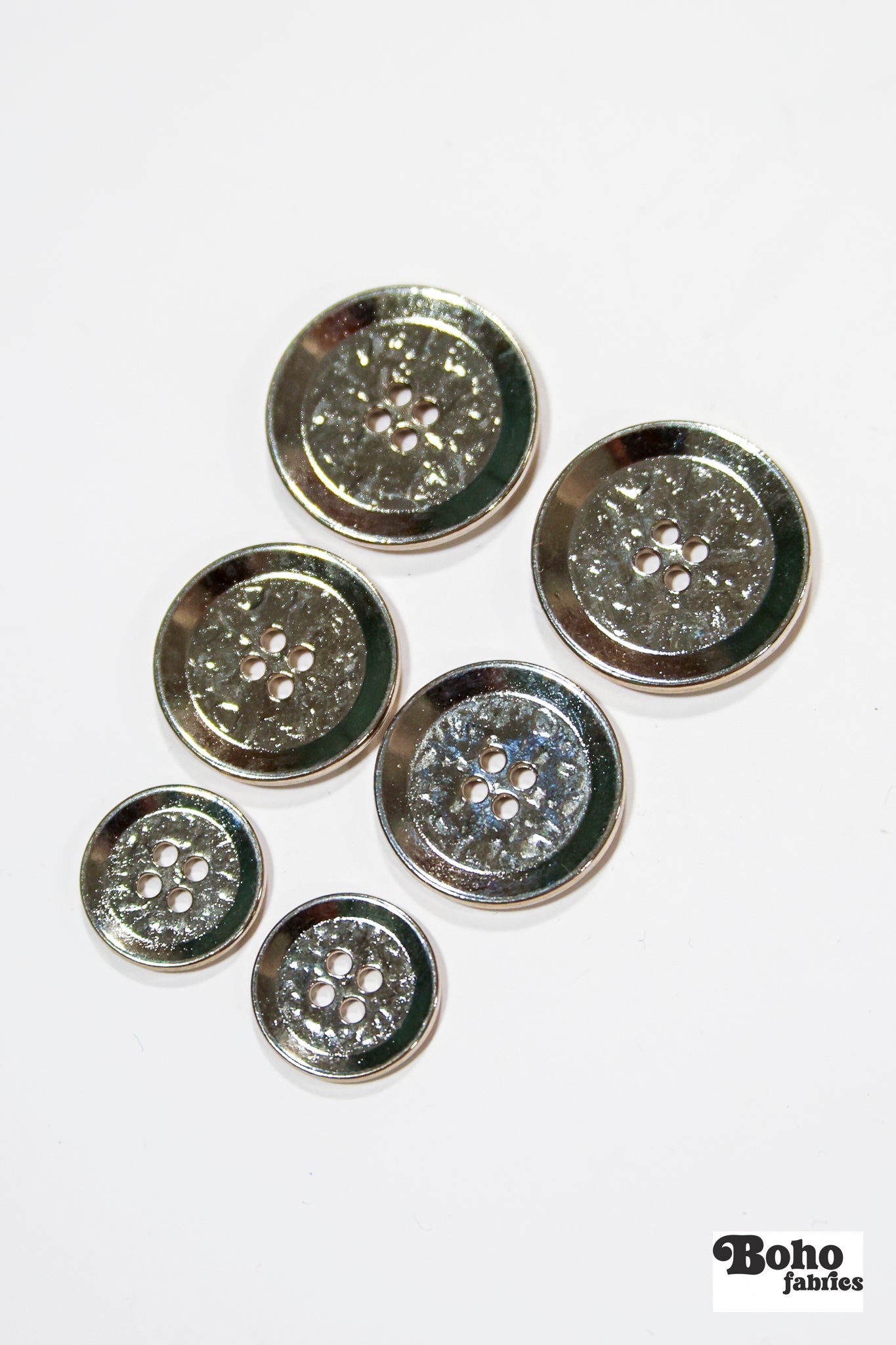 Silver Hammered 4-Hole Metal Buttons. 20L (12.5mm / 1/2"), 28L (18mm / 11/16"), 36L (23mm / 7/8") - Boho Fabrics - Buttons & Snaps