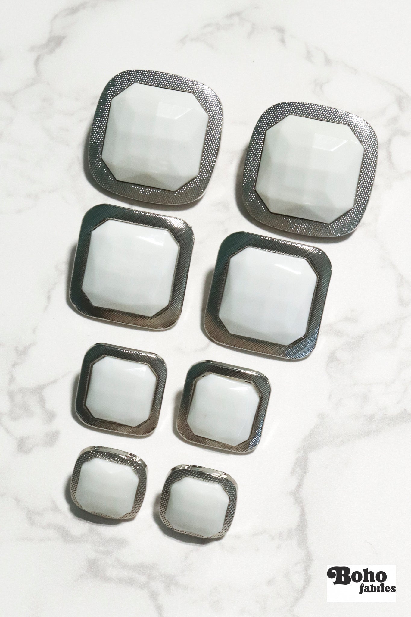 Silver Rimmed White Faceted Square Plastic Shank Buttons. Available in 15mm (24L), 18mm (28L), 25mm (40L), and 28mm (44L) - Boho Fabrics - Buttons & Snaps