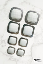 Silver Rimmed White Faceted Square Plastic Shank Buttons. Available in 15mm (24L), 18mm (28L), 25mm (40L), and 28mm (44L) - Boho Fabrics - Buttons & Snaps