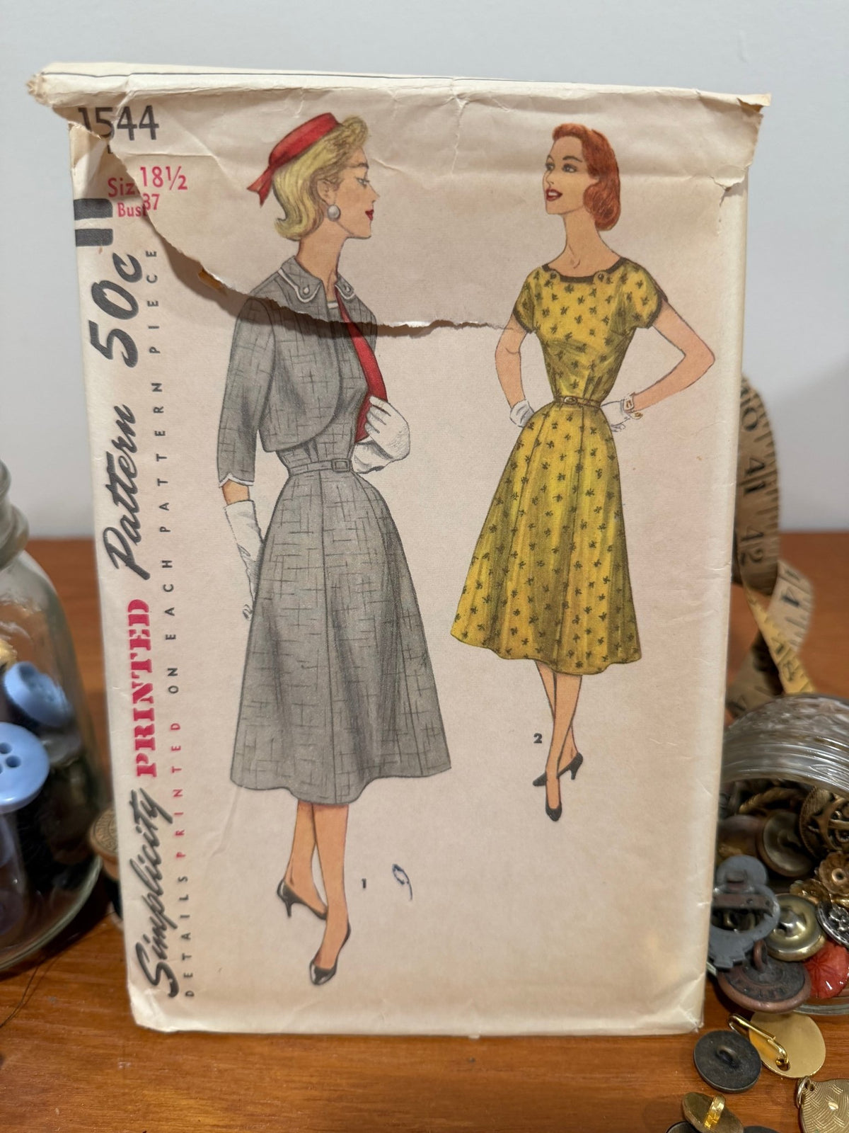 Simplicity Sewing Pattern #1544 — Half-Size One-Piece Dress with Detachable Collar, Size 18½, Bust 37, Vintage 1950s - Boho Fabrics - Sewing Patterns
