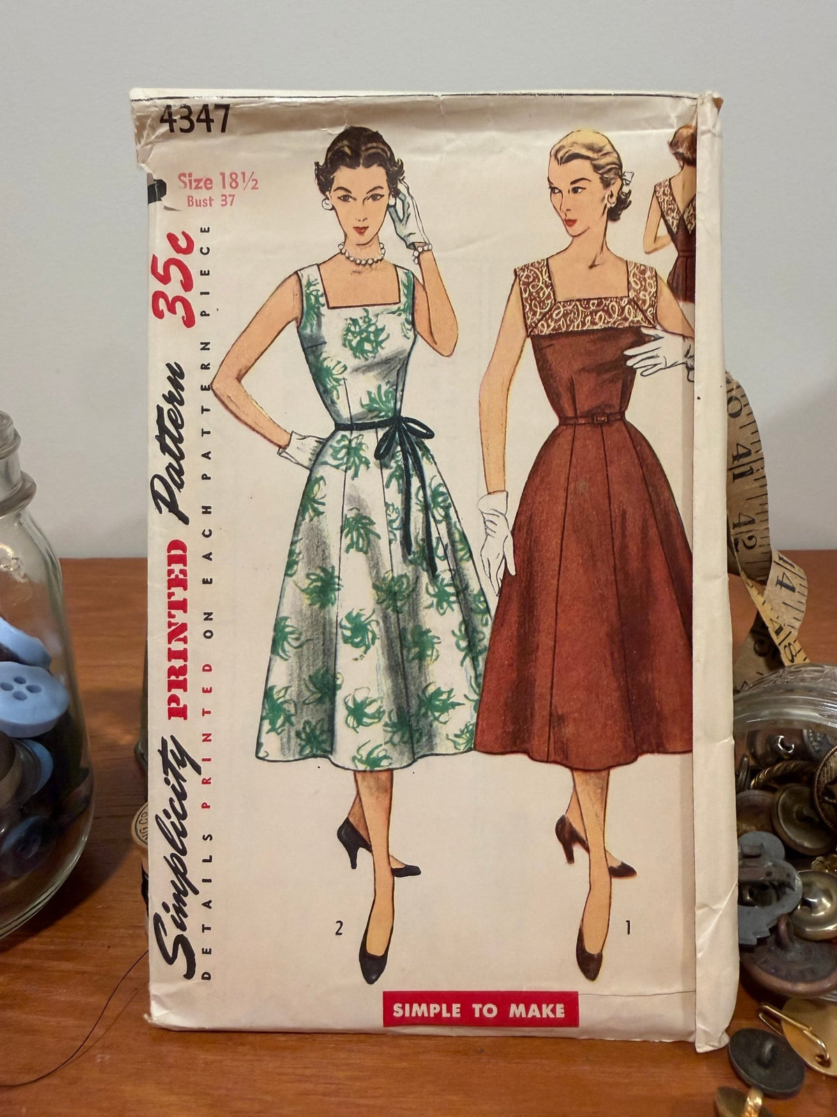 Simplicity Sewing Pattern #4347 — Half-Size One-Piece Dress, Size 18½, Bust 37, Vintage 1950s - Boho Fabrics - Sewing Patterns