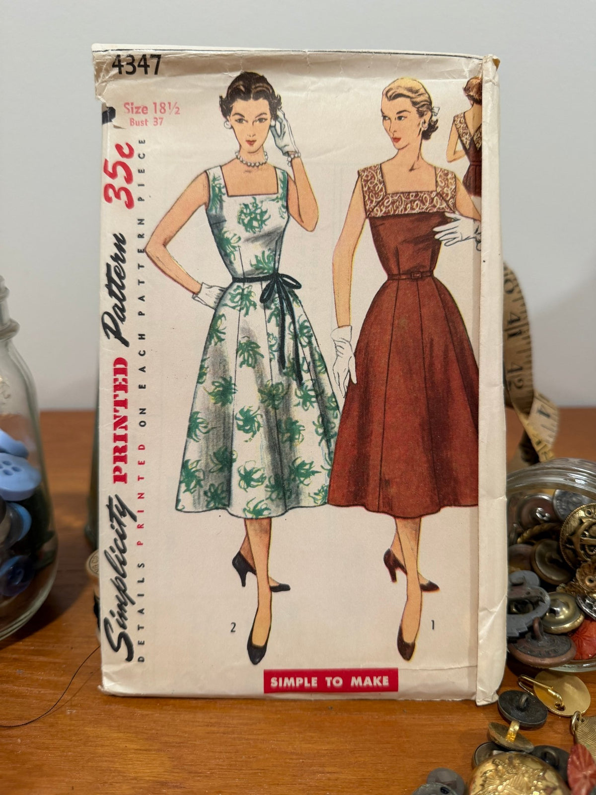 Simplicity Sewing Pattern #4347 — Half-Size One-Piece Dress, Size 18½, Bust 37, Vintage 1950s - Boho Fabrics - Sewing Patterns