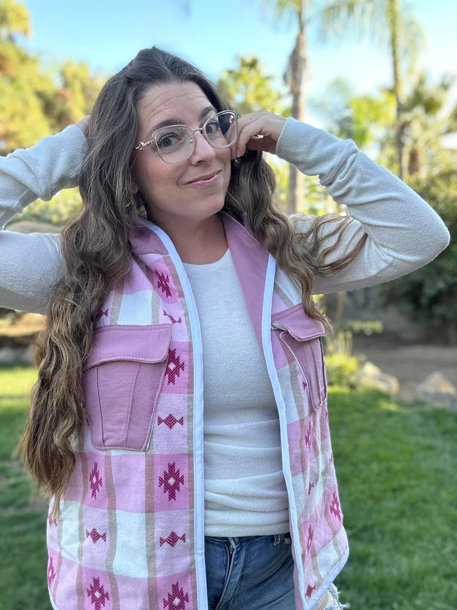 Southwest Barbie, Pink Embroidered Flannel, Woven Fabric - Boho Fabrics