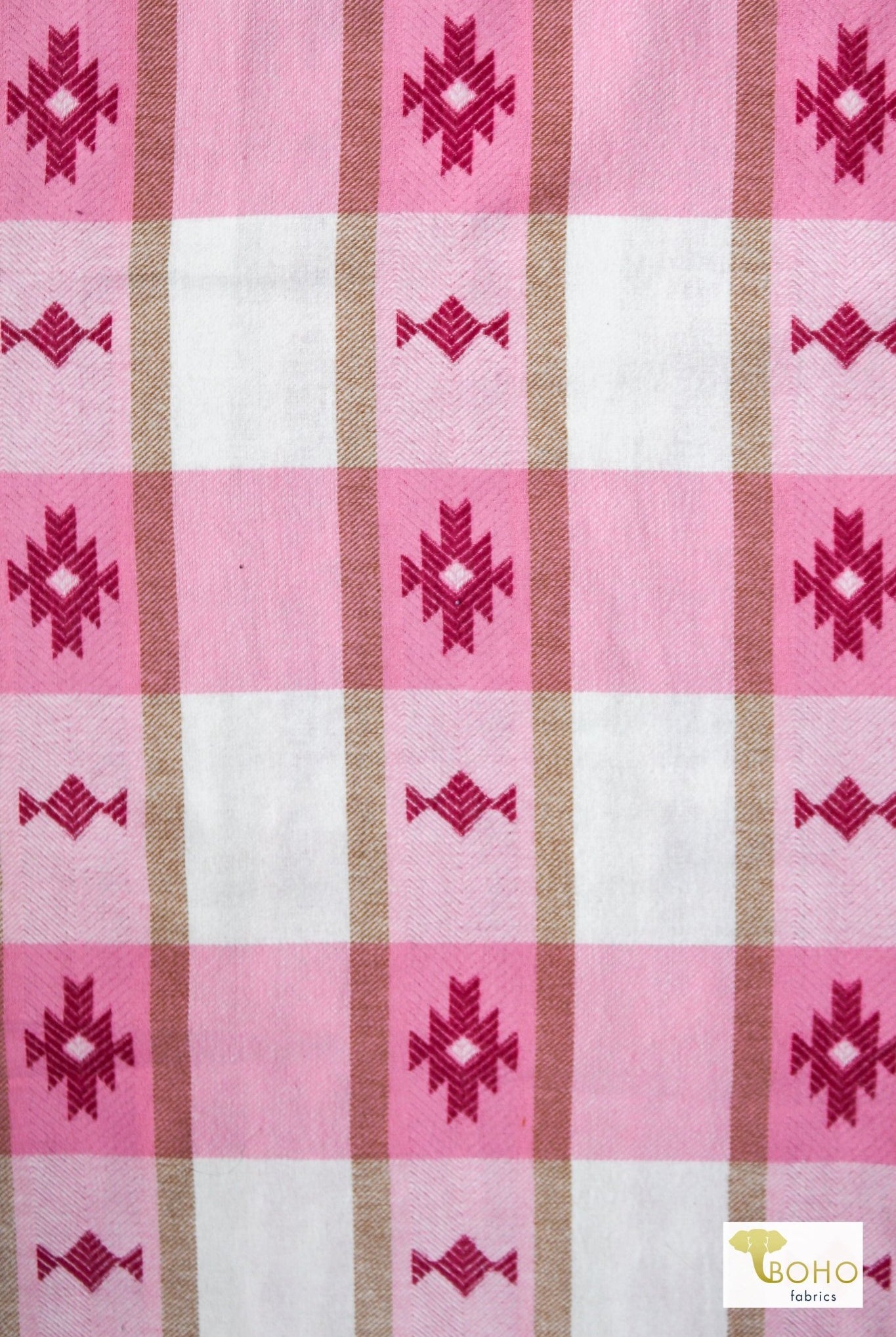 Southwest Barbie, Pink Embroidered Flannel, Woven Fabric - Boho Fabrics