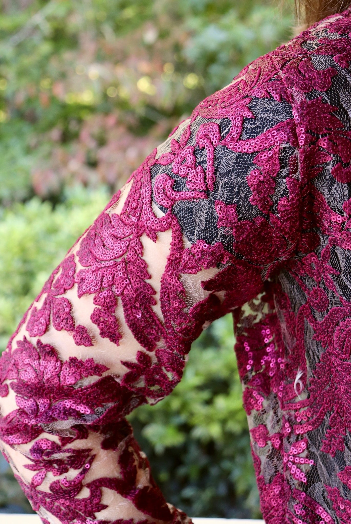 Special Occasion: Burgundy Red Elegant Damask Sequined & Beaded Mesh. SO-103-RED - Boho Fabrics
