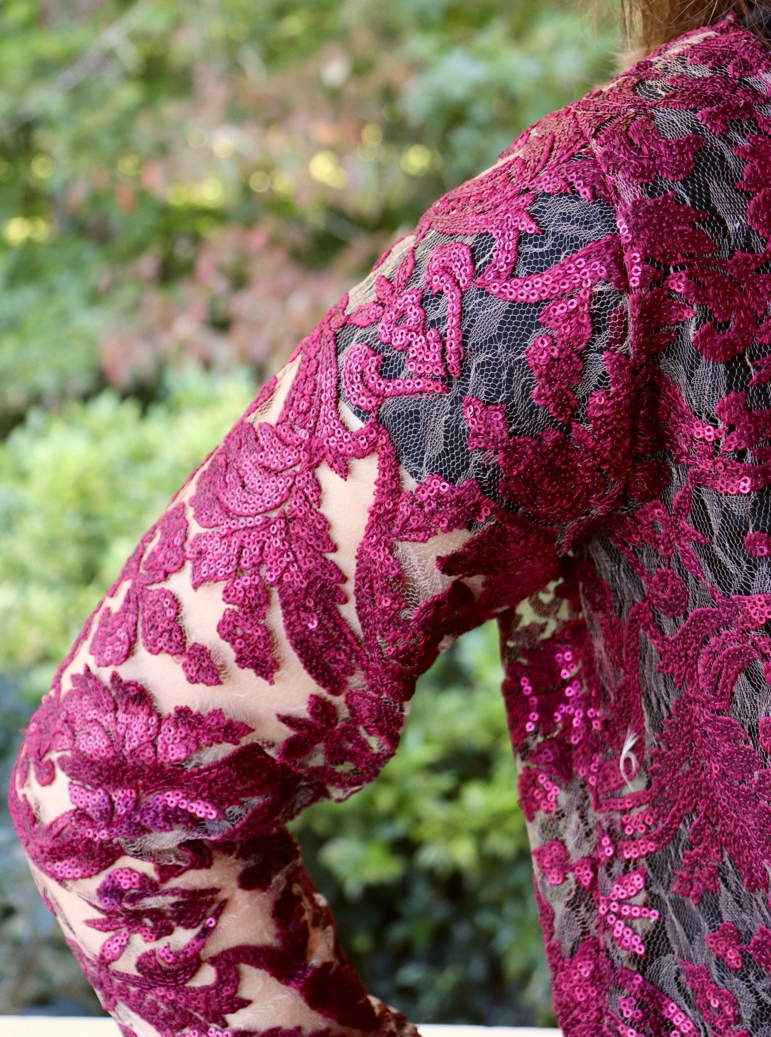 Special Occasion: Burgundy Red Elegant Damask Sequined & Beaded Mesh. SO-103-RED - Boho Fabrics