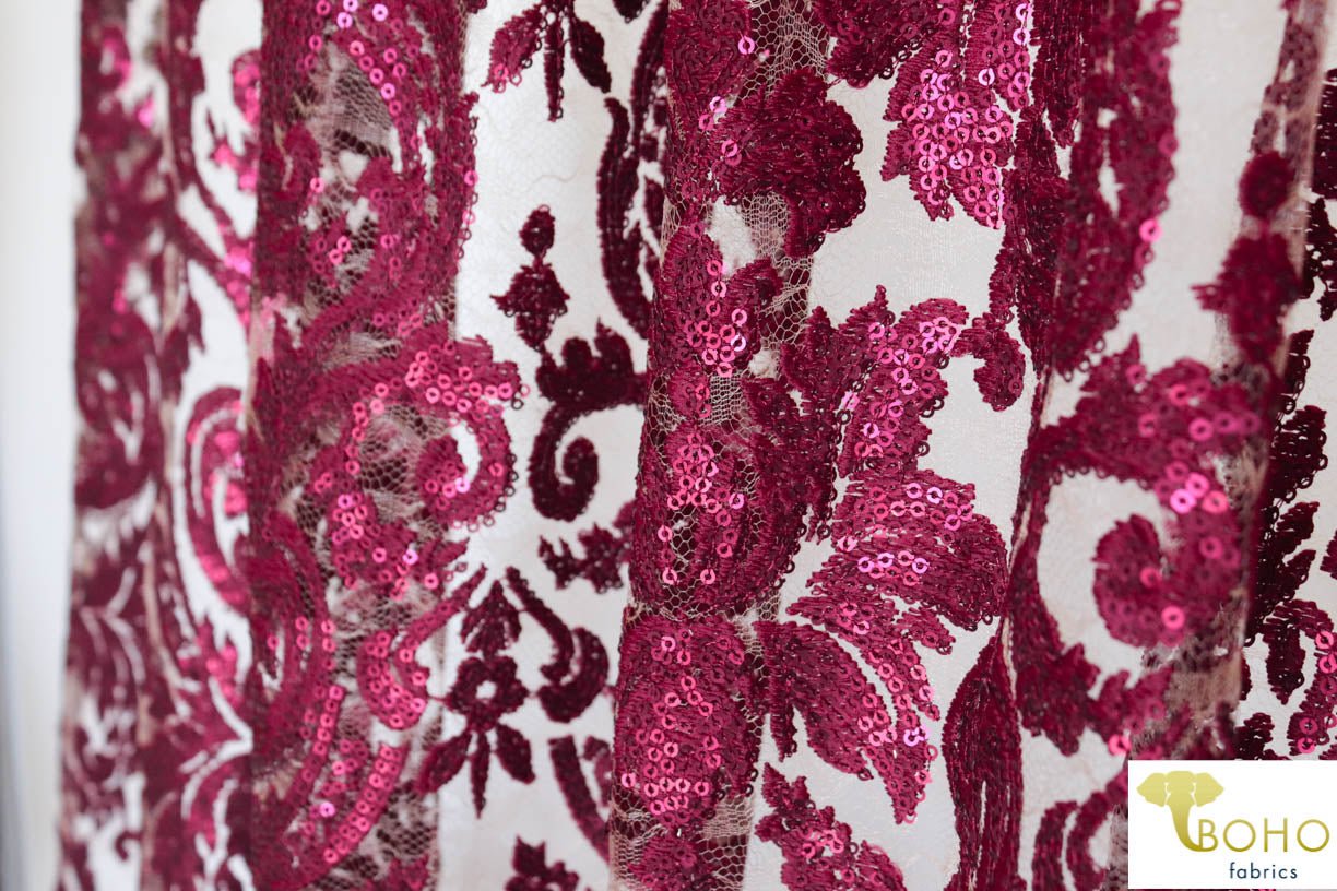 Special Occasion: Burgundy Red Elegant Damask Sequined & Beaded Mesh. SO-103-RED - Boho Fabrics