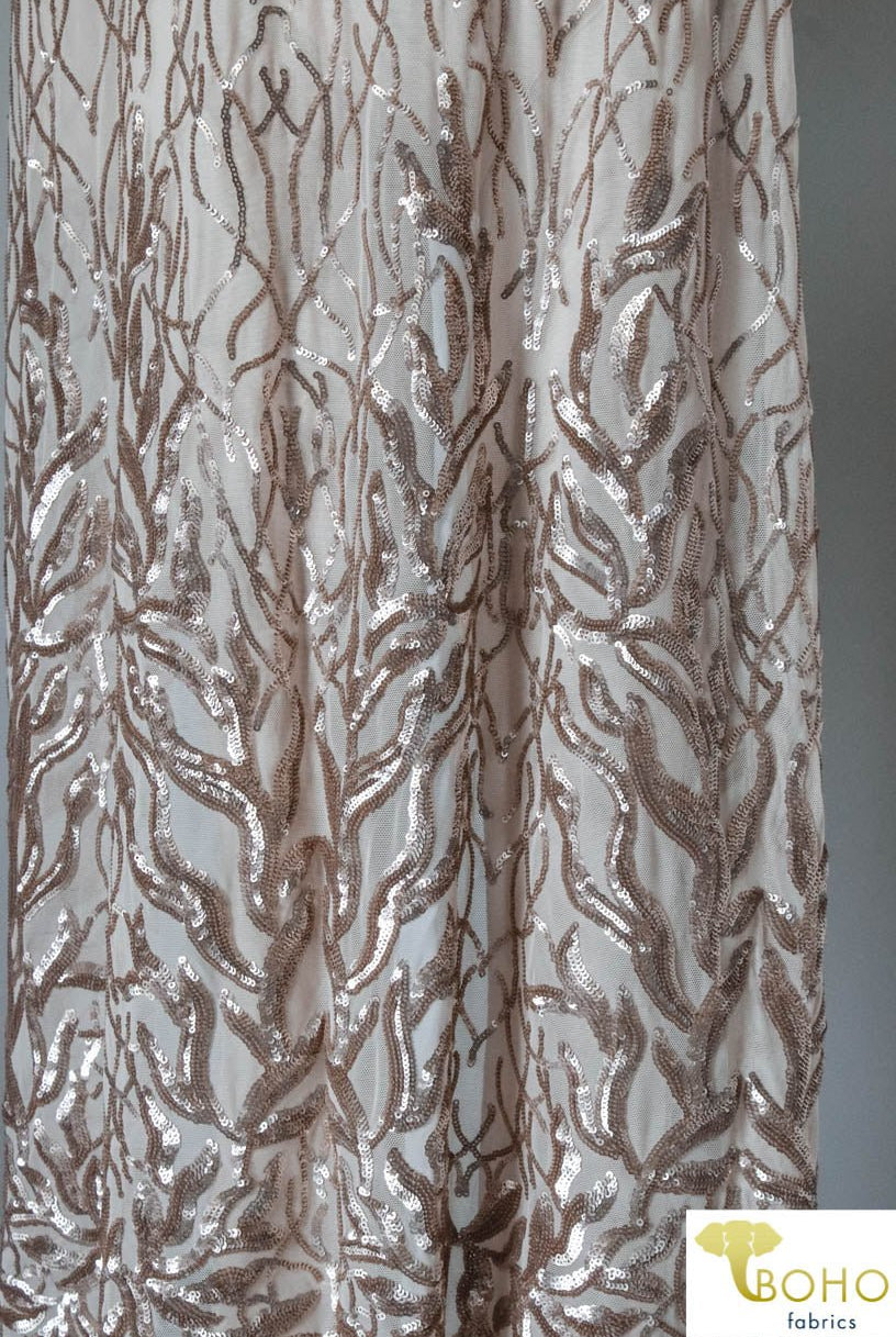 Special Occasion: "Cascading Vines" Sequined Champagne Stretch Mesh - Boho Fabrics