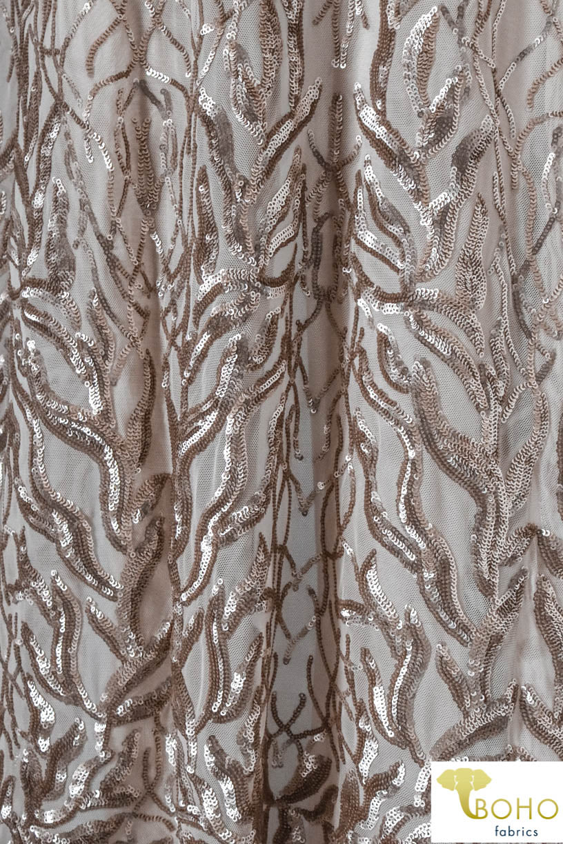 Special Occasion: "Cascading Vines" Sequined Champagne Stretch Mesh - Boho Fabrics