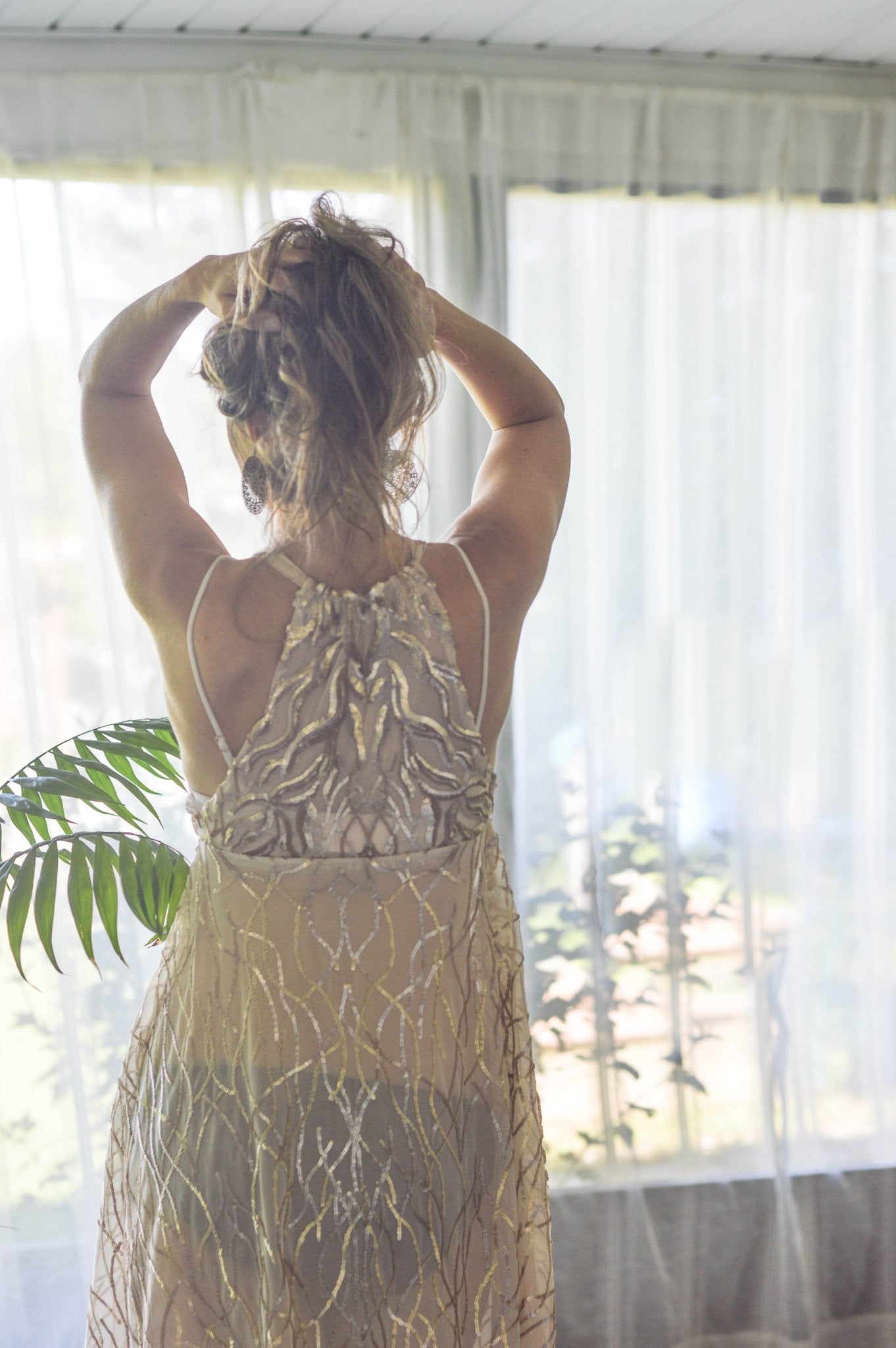 Special Occasion: "Cascading Vines" Sequined Champagne Stretch Mesh - Boho Fabrics