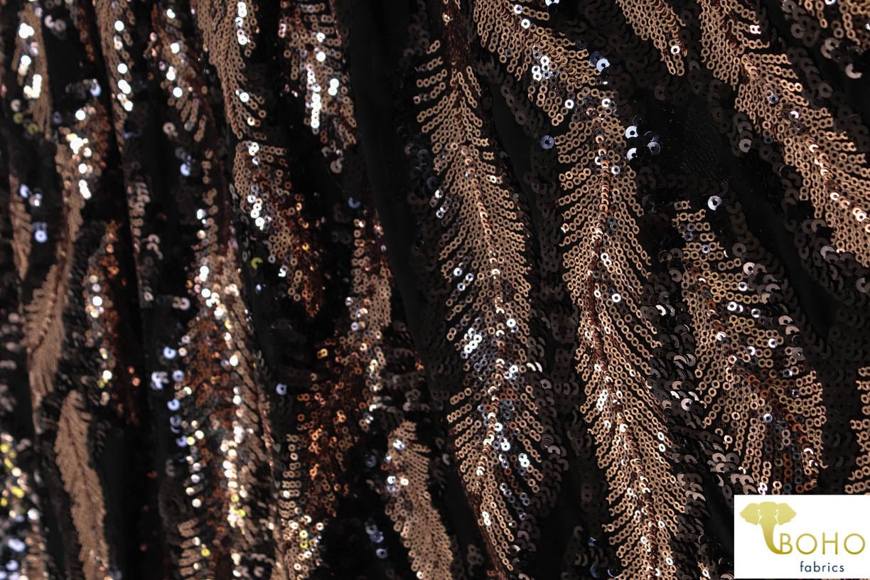 Special Occasion: Copper Feathers Sequined Stretch Mesh. SO-101 - Boho Fabrics