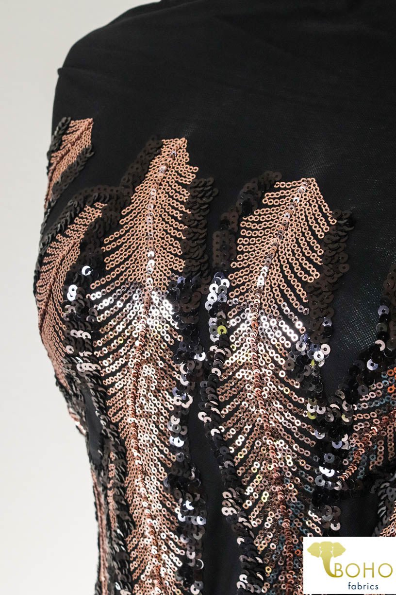 Special Occasion: Copper Feathers Sequined Stretch Mesh. SO-101 - Boho Fabrics
