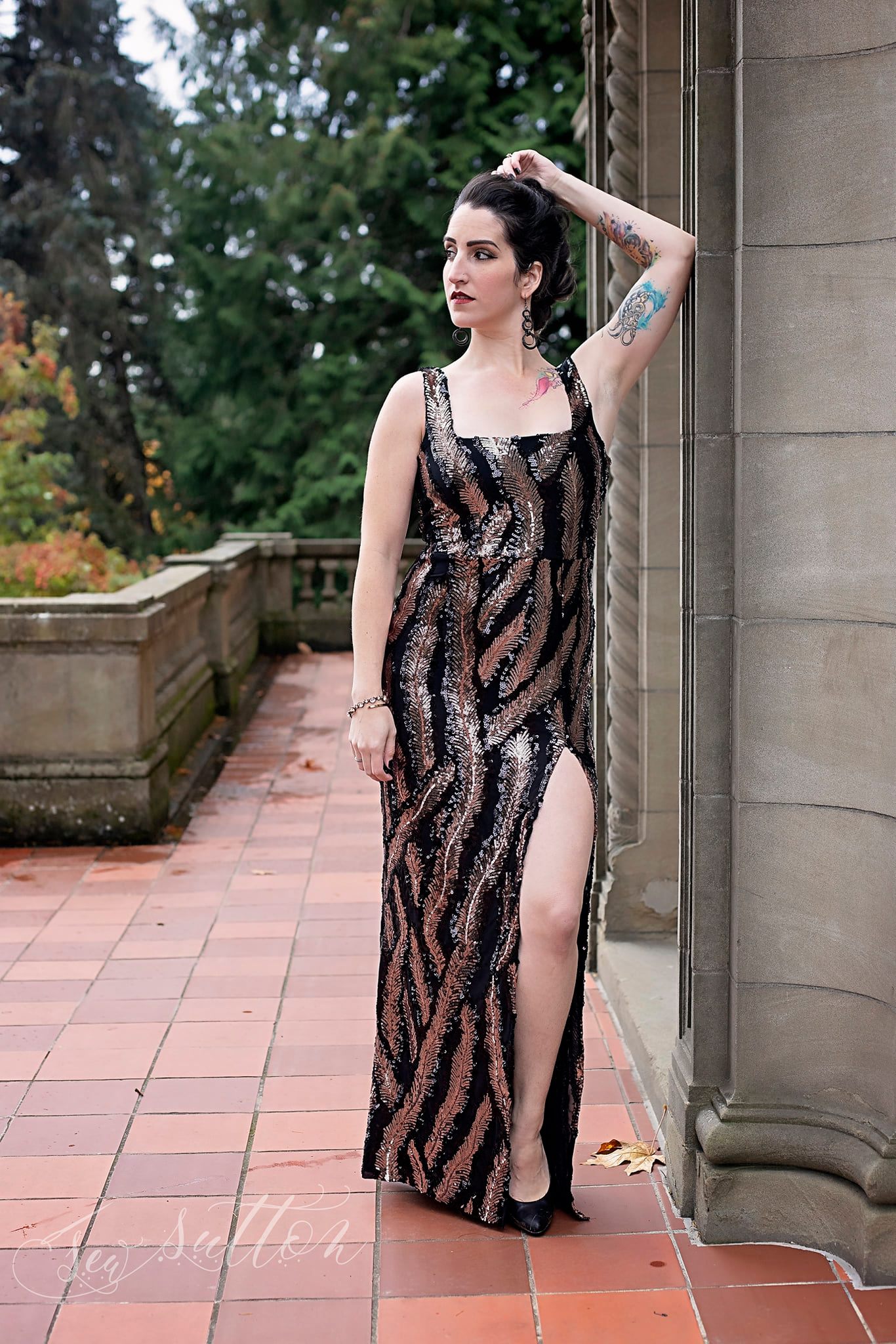 Special Occasion: Copper Feathers Sequined Stretch Mesh. SO-101 - Boho Fabrics