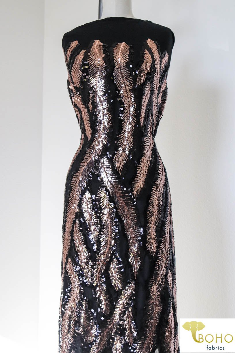 Special Occasion: Copper Feathers Sequined Stretch Mesh. SO-101 - Boho Fabrics