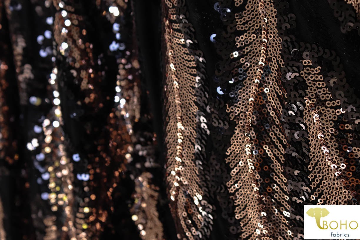 Special Occasion: Copper Feathers Sequined Stretch Mesh. SO-101 - Boho Fabrics
