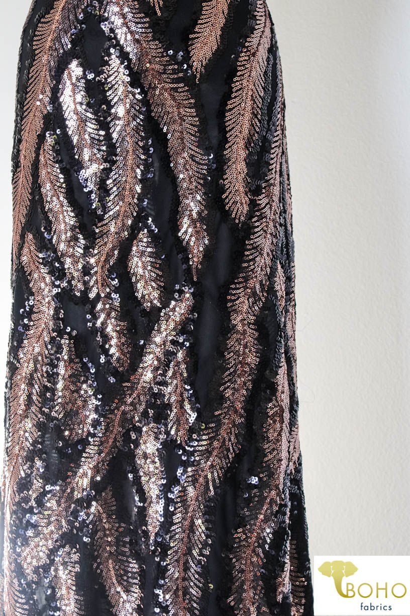 Special Occasion: Copper Feathers Sequined Stretch Mesh. SO-101 - Boho Fabrics