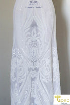 Special Occasion: "Damask Dreams" White Sequined Stretch Mesh - Boho Fabrics