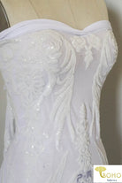 Special Occasion: "Damask Dreams" White Sequined Stretch Mesh - Boho Fabrics