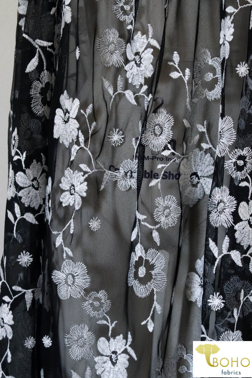 Special Occasion: Embroidered White Daisy Vines on Black - Boho Fabrics