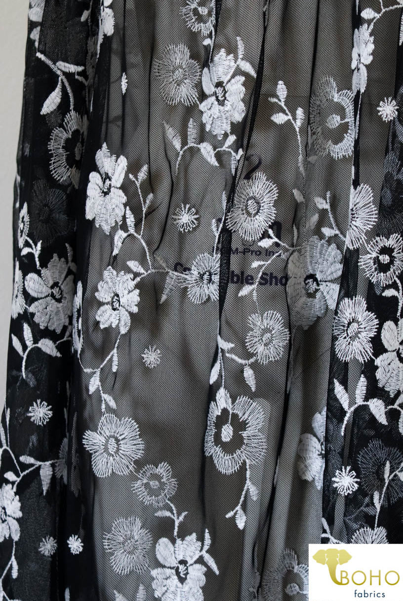 Special Occasion: Embroidered White Daisy Vines on Black - Boho Fabrics