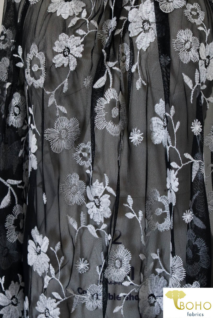 Special Occasion: Embroidered White Daisy Vines on Black - Boho Fabrics