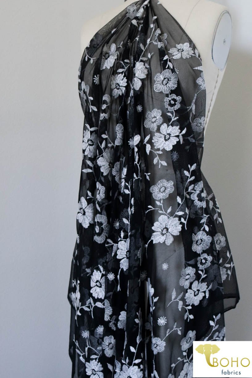 Special Occasion: Embroidered White Daisy Vines on Black - Boho Fabrics