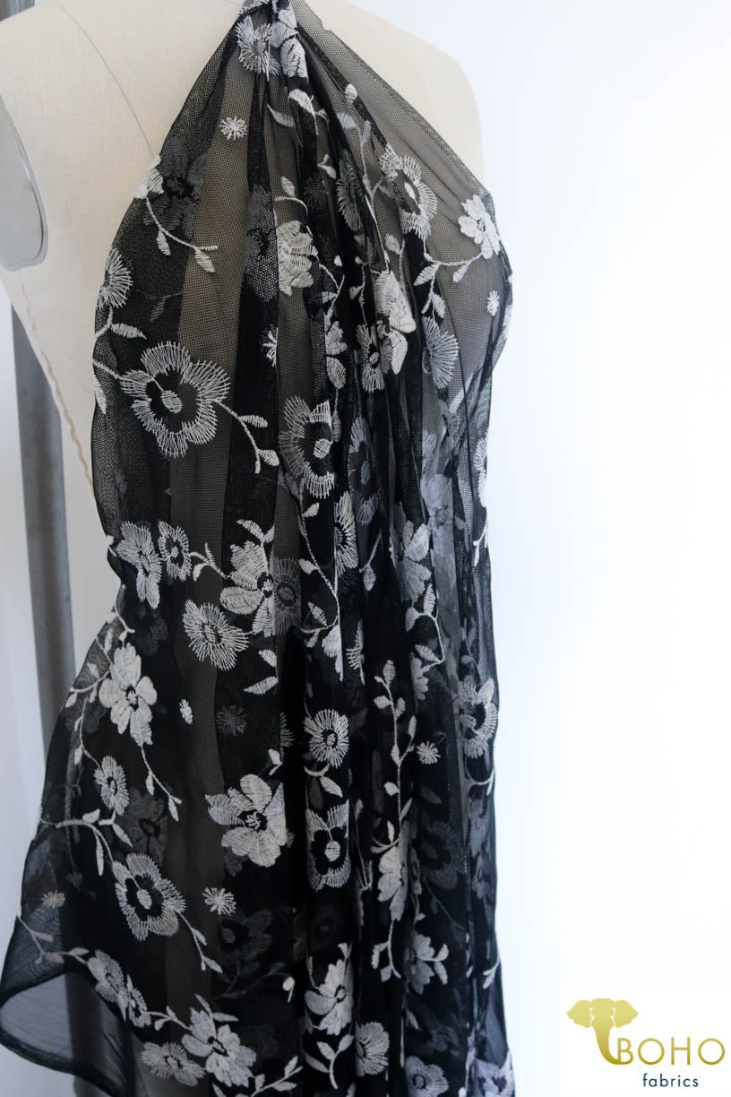 Special Occasion: Embroidered White Daisy Vines on Black - Boho Fabrics