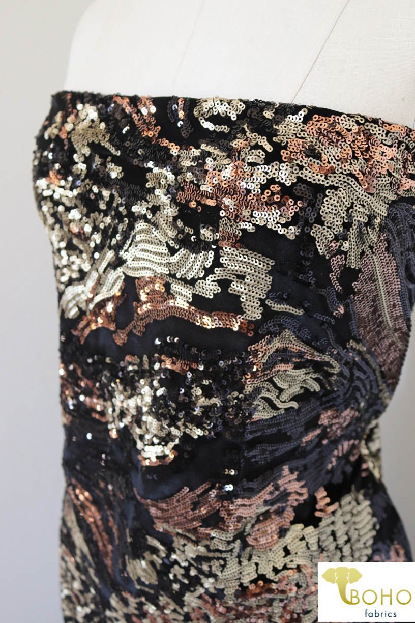 Special Occasion: Velvet Volcano. Gold, Copper and Black Sequined Stretch Velvet. SO-105 - Boho Fabrics