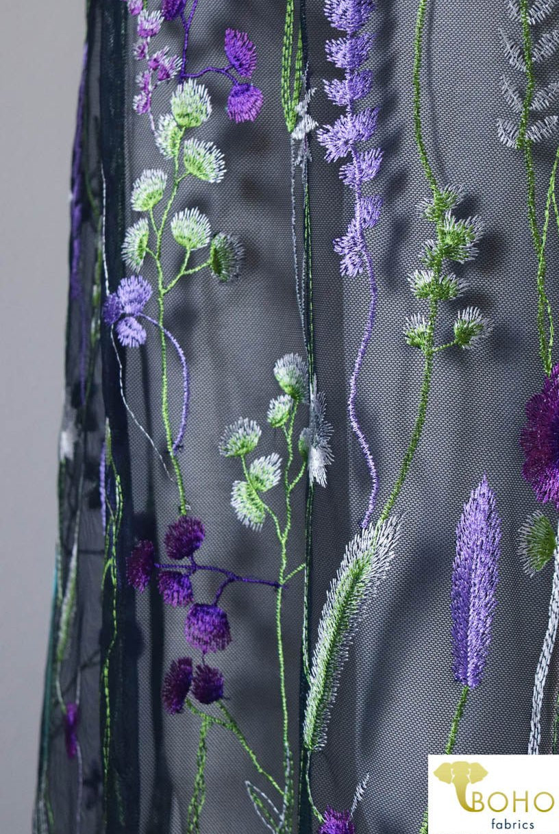 Special Occasion: "Violet Vines" Embroidered Mesh on Navy - Boho Fabrics