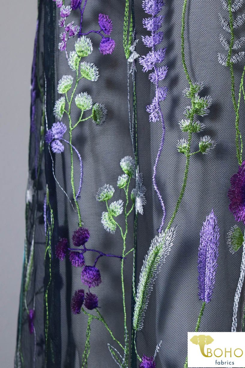 Special Occasion: "Violet Vines" Embroidered Mesh on Navy - Boho Fabrics
