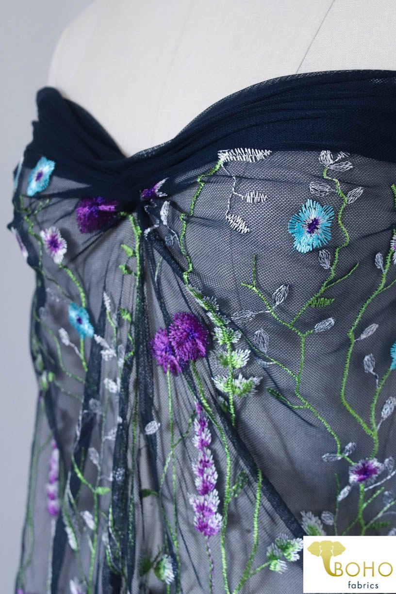 Special Occasion: "Violet Vines" Embroidered Mesh on Navy - Boho Fabrics
