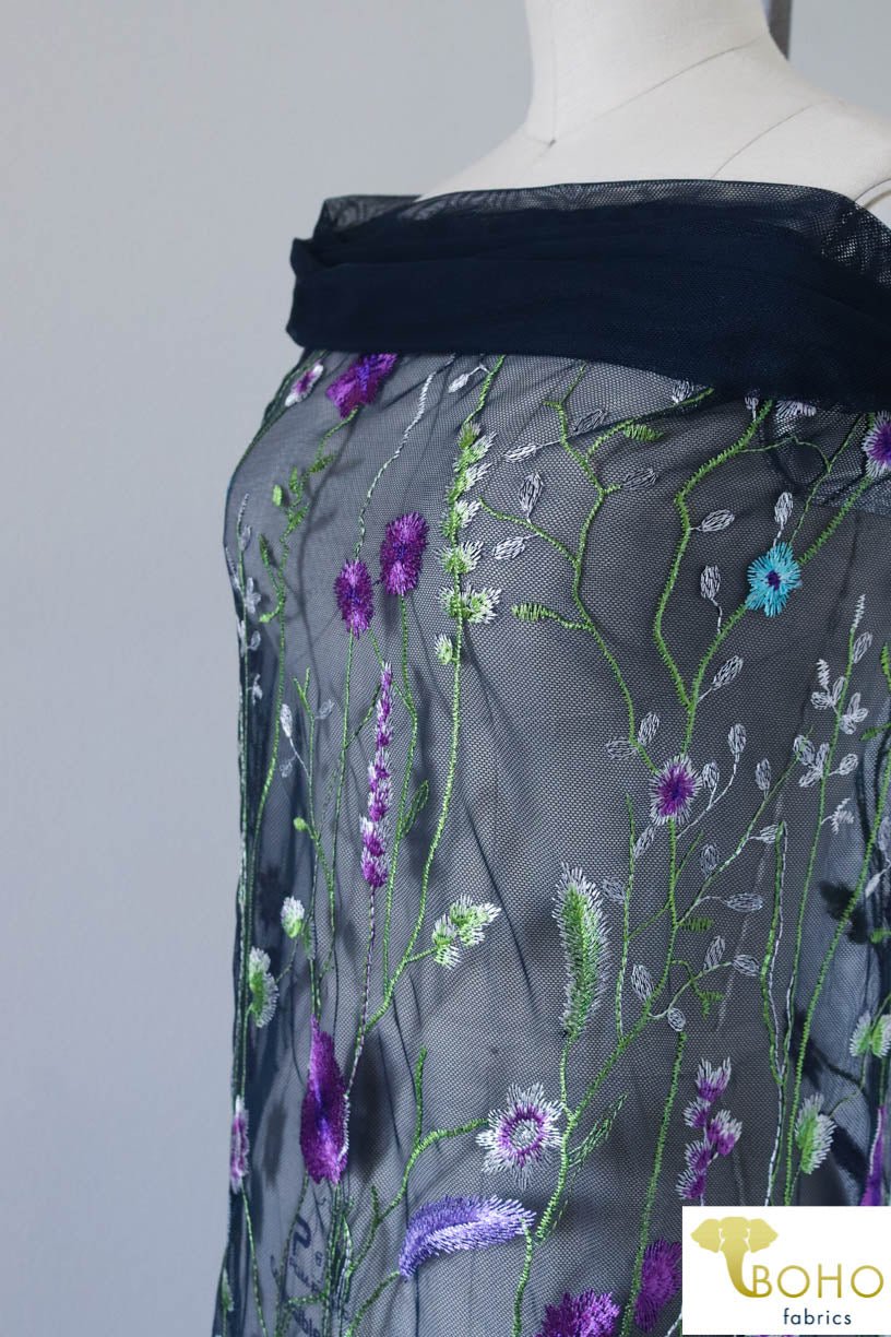 Special Occasion: "Violet Vines" Embroidered Mesh on Navy - Boho Fabrics
