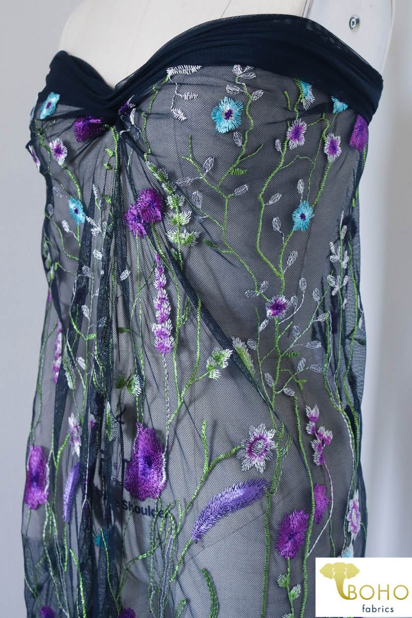 Special Occasion: "Violet Vines" Embroidered Mesh on Navy - Boho Fabrics