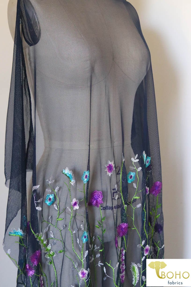 Special Occasion: "Violet Vines" Embroidered Mesh on Navy - Boho Fabrics
