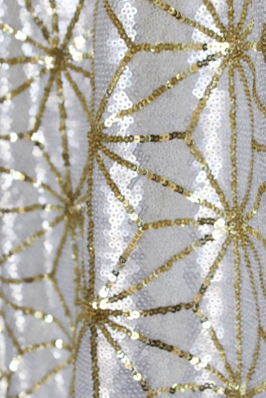 Special Occasion: White Disco Deco, White & Gold with Stretch. SO-104-W - Boho Fabrics
