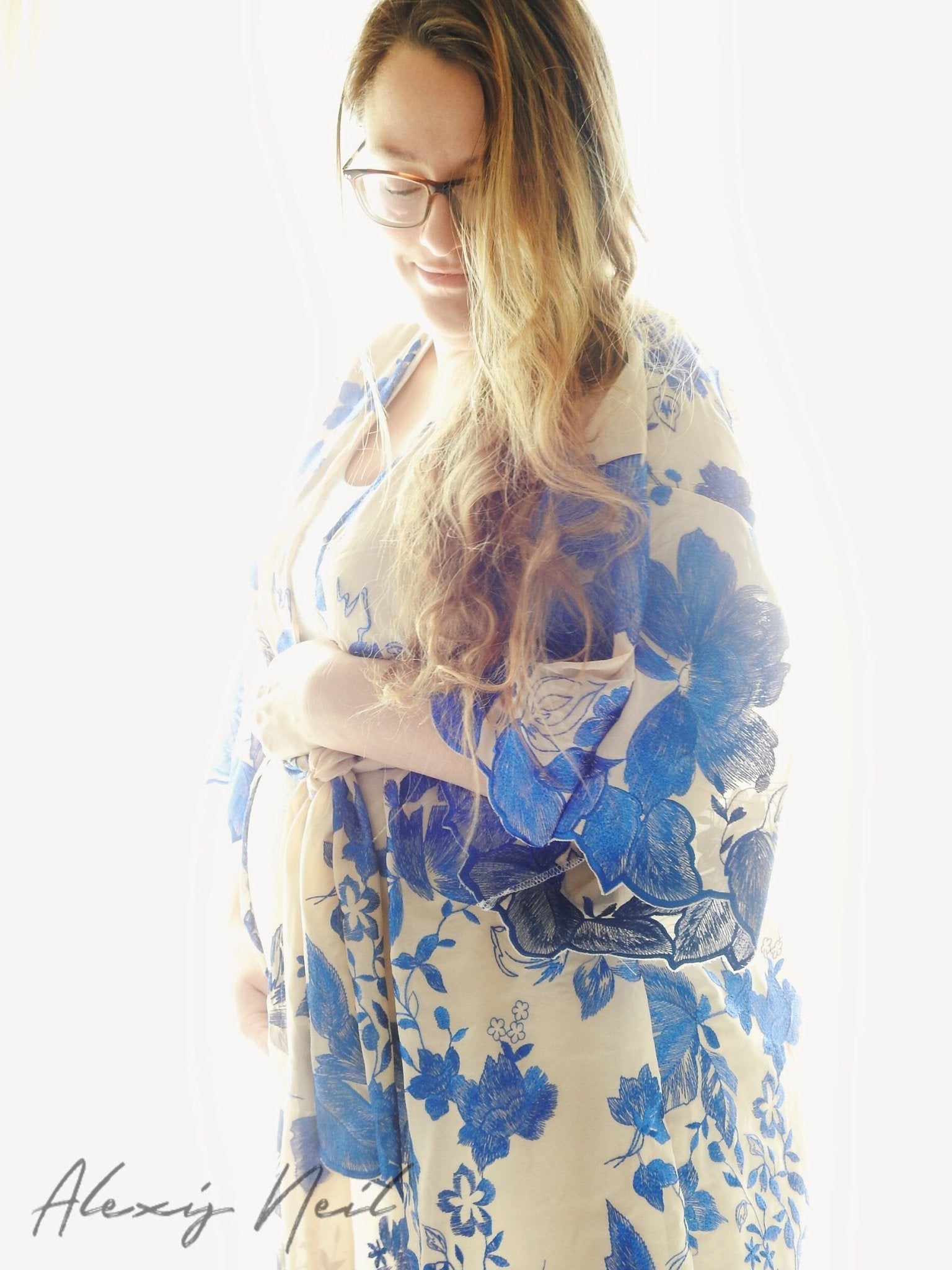 Special Occasion: Woven Blue Double Border Floral Scalloped Edge Embroidery on Nude - Boho Fabrics