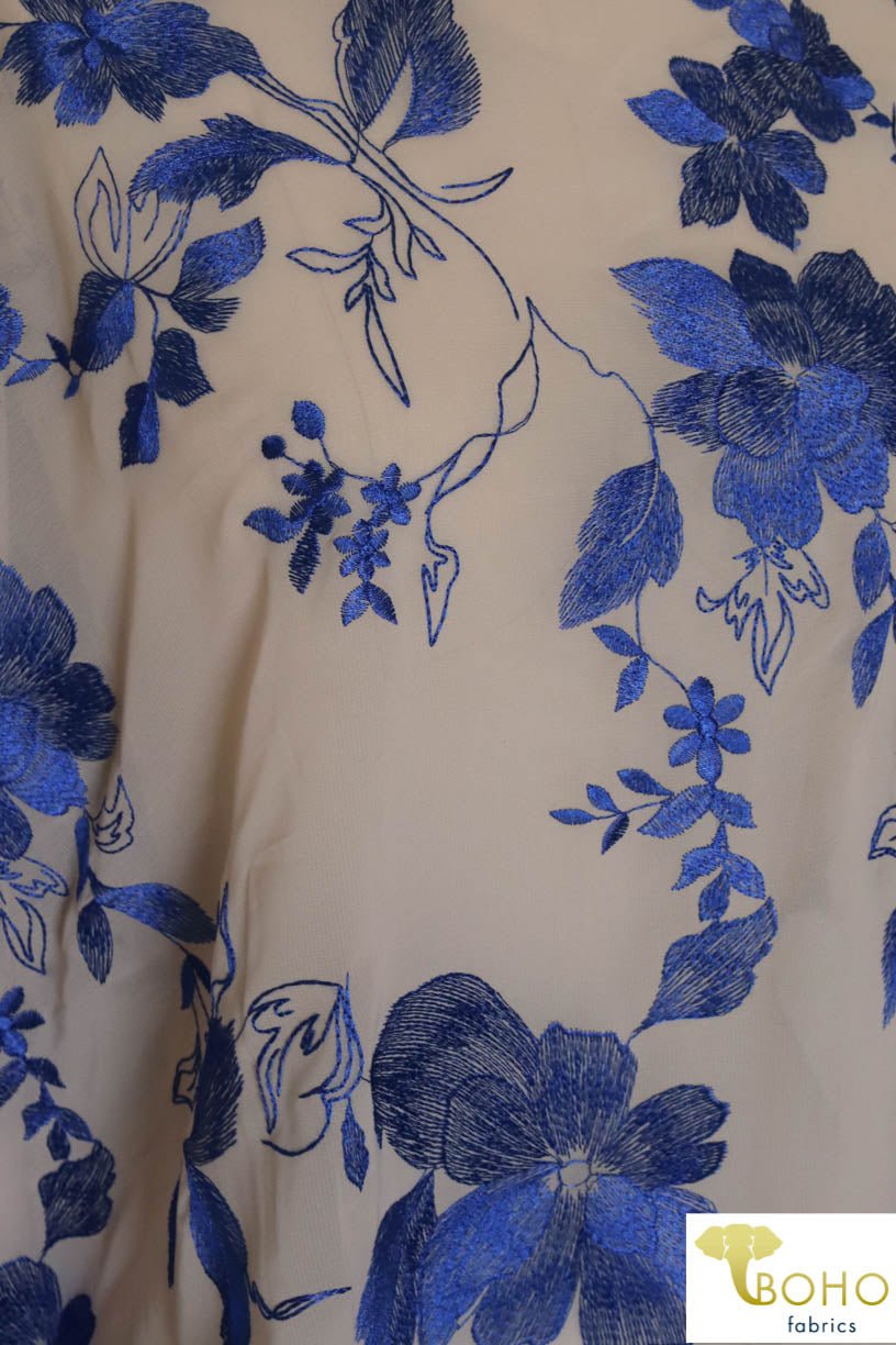 Special Occasion: Woven Blue Double Border Floral Scalloped Edge Embroidery on Nude - Boho Fabrics