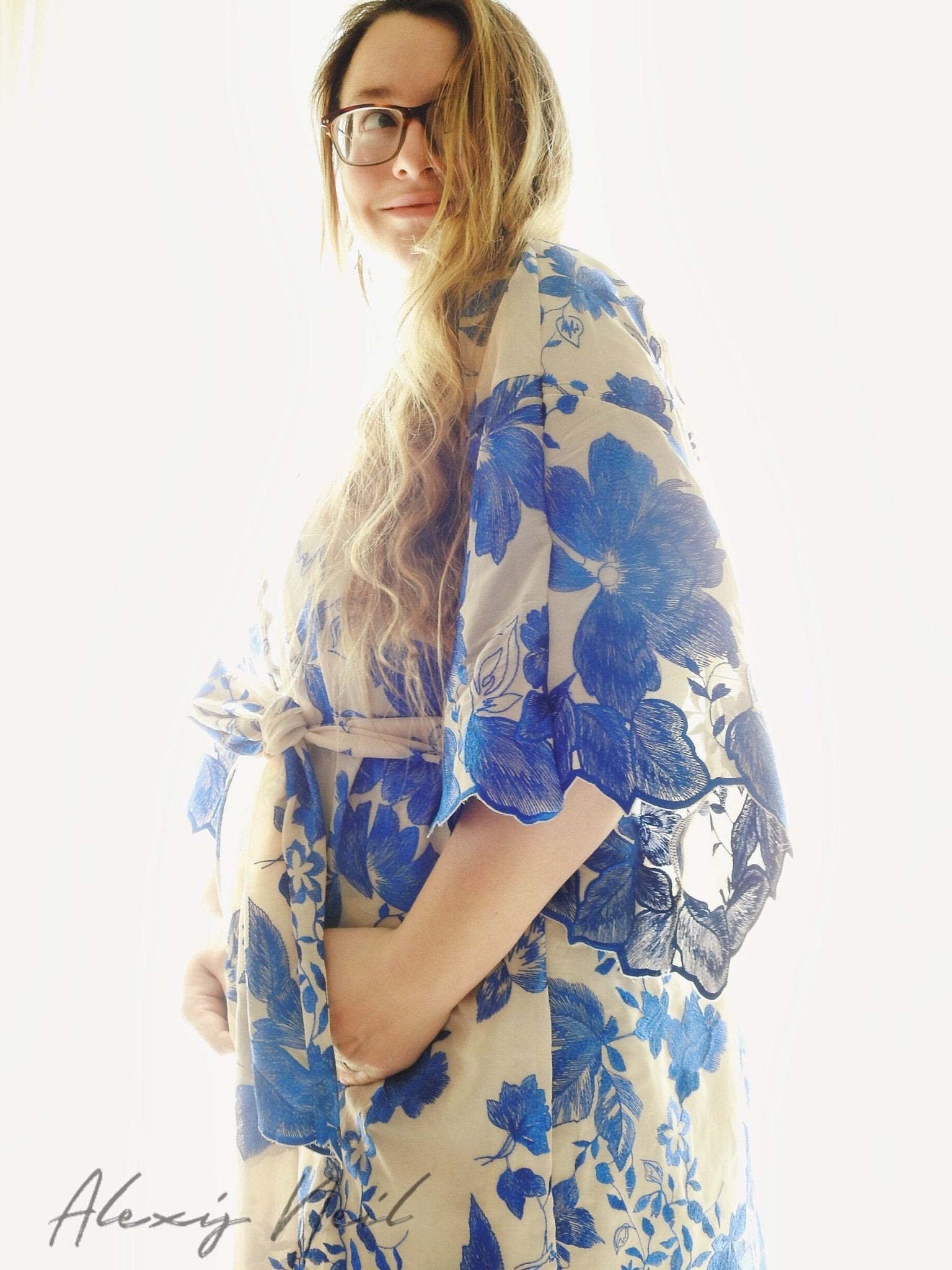 Special Occasion: Woven Blue Double Border Floral Scalloped Edge Embroidery on Nude - Boho Fabrics